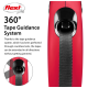 Red flexi dog leash featuring a 360° tape guidance system, with text explaining its jam-free extension capabilities.