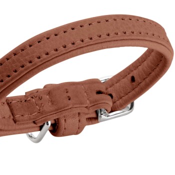 Nahaufnahme eines braunen Lederhalsbands mit Doppelnaht, silberner Metallschnalle und D-Ring