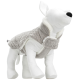 Ein plüschwestes graues Hundeweste mit einem flauschigen weißen Kragen, präsentiert auf einem weißen Mannequin-Hund, das sein stilvolles Design zeigt.