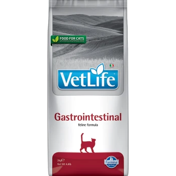 VetLife Gastrointestinal Katzenfutterbeutel, 2 kg, mit einer Silhouette einer Katze und einem grünen Etikett mit der Aufschrift "Futter für Katzen."