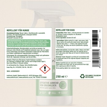 Abwehrspray für Hunde, 250 ml Flasche, mit Anweisungen in Deutsch und Englisch. Enthält Wasser, Nachtkerzenöl, Lavendelöl und Geraniol.