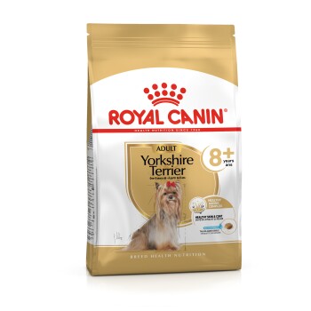 Royal Canin Adult Yorkshire Terrier Hundefutterbeutel für Hunde über 8 Jahre, mit einem Bild eines Yorkshire Terriers und Ansprüchen auf gesunde Haut und Fell.