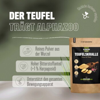 Verpacktes Produkt mit der Aufschrift "Teufelskralle" für Pferde, mit wichtigen Vorteilen: reines Wurzelpulver, hoher Bitterstoffgehalt, unterstützt die Bewegung.