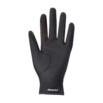 Schwarze Haustierpflegehandschuh mit strukturierter Oberfläche, mit einer engen Passform und dem Markennamen "Roecki" am Handgelenk.