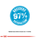 Blue circular badge stating "Breeders 97% Satisfaction" with a note below about testing on 177 puppies in France.