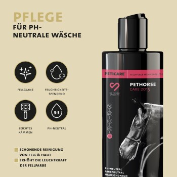 Schwarze Flasche des Peticare Pethorse Pflegeprodukts für die Pferdepflege, mit Symbolen für Glanz, Feuchtigkeit, einfaches Kämmen und pH-neutrale Formel.