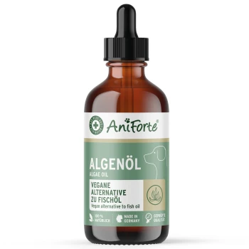 AniForte braune Tropfflasche mit der Aufschrift Algenöl (Algae Oil) – vegane Alternative zu Fischöl, Hundekontur, Made in Germany.