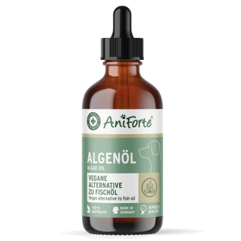 AniForte braune Tropfflasche mit der Aufschrift Algenöl (Algae Oil) – vegane Alternative zu Fischöl, Hundekontur, Made in Germany.