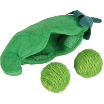Jouet pour animal en peluche vert en forme de cosse de pois avec deux balles en sisal vertes à l'intérieur, conçu pour les chats.