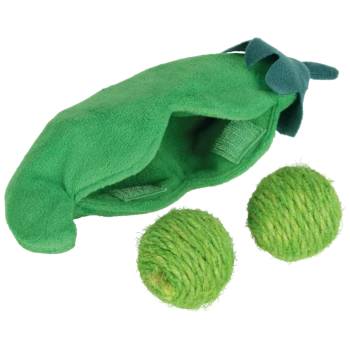 Grünes Plüsch-Spielzeug in Form einer Erbsenschote mit zwei grünen Sisalbällen innen, entworfen für Katzen.