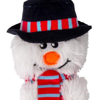 Plush white snowman dog toy wearing a black hat with red and blue stripes and a matching scarf, with stitched eyes and orange nose.