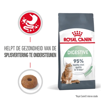 Royal Canin Digestive kattenvoer zak met een kattenafbeelding, benadrukt ondersteuning voor de spijsverteringsgezondheid en 95% ontlastingkwaliteit in 10 dagen.