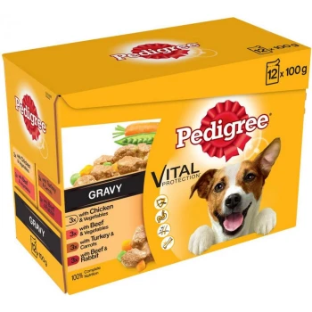 Pedigree dog food box featuring 12 x 100g servings of gravy with chicken, beef, turkey, and rabbit, labeled "Vital Protection."