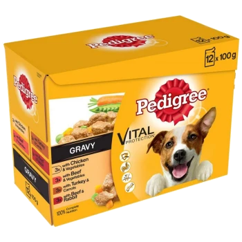 Pedigree dog food box featuring 12 x 100g servings of gravy with chicken, beef, turkey, and rabbit, labeled "Vital Protection."