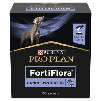 Purina Pro Plan FortiFlora canine probiotic box, 30 sachets, with dog photo and "Great Taste" badge.