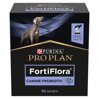 Purina Pro Plan FortiFlora canine probiotic box, 30 sachets, with dog photo and "Great Taste" badge.