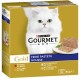 L'emballage de la nourriture pour chats Purina Gourmet Gold montre un chat blanc duveteux et une mousse sur une assiette, avec les saveurs énumérées : bœuf, thon, dinde et foie.