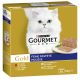 Die Verpackung des Purina Gourmet Gold Katzenfutters zeigt eine flauschige weiße Katze und Mousse auf einem Teller, mit aufgelisteten Geschmacksrichtungen: Rind, Thunfisch, Pute und Leber.