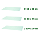 Drie muntgroene gestippelde huisdiermatten met labels S: 60 x 40 cm, M: 80 x 55 cm, L: 100 x 70 cm