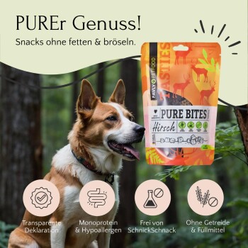 Ein glücklicher Hund sitzt in einem Wald neben einer Snackverpackung "Pure Bites" mit der Aufschrift "Hirsch" und Symbolen für hypoallergen und getreidefrei.