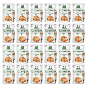 Paczki Brit Care Fillets w galaretce dla dorosłych kotów, z pożywnym tuńczykiem, ułożone w wzór siatki. Każda paczka pokazuje obraz kota i szczegóły.