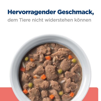 Hundefutter in einer weißen Schüssel mit Fleischstücken, Erbsen und Karotten, überlagert von: "Hervorragender Geschmack für Tiere."