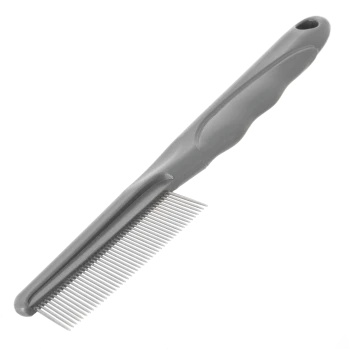 Grey plastic-handled fine-tooth pet grooming comb with metal teeth and hanging hole