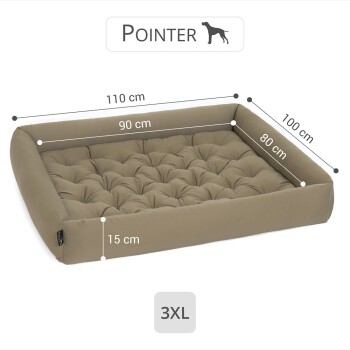 3XL Hundebett in taupe mit gepolstertem Design, misst 110 cm x 90 cm x 15 cm, beschriftet für die Rasse Pointer.