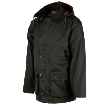 Dunkelgrüne wasserdichte Hundespaziergangsjacke mit Kapuze und mehreren Taschen, kariertem Innenfutter und Druckknöpfen.