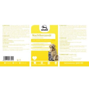 Etikett für Fortan Nachtkerzenöl, das einen Hund und eine Katze zeigt, mit Details zu natürlichen Zutaten und Hautvorteilen.