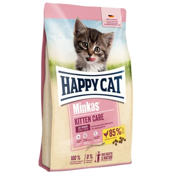 Happy Cat Minkas Kitten Care Katzenfutterbeutel mit einem verspielten Kätzchen auf der Vorderseite, mit Text, der 85% Fleischgehalt und ernährungsphysiologische Vorteile hervorhebt.