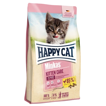 Sac de nourriture pour chat Happy Cat Minkas Kitten Care avec un chaton joueur sur le devant, avec un texte mettant en avant 85% de contenu en viande et des bienfaits nutritionnels.