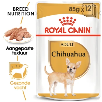 Royal Canin Adult Chihuahua hondenvoer zak met Chihuahua illustratie en tekst voor rasvoeding en een gezonde vacht.