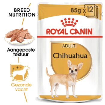 Royal Canin Adult Chihuahua hondenvoer zak met Chihuahua illustratie en tekst voor rasvoeding en een gezonde vacht.