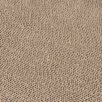 Nahaufnahme eines strukturierten, beigen Katzenkratzbretts aus gewebtem Material, entworfen für die Nutzung durch Haustiere.