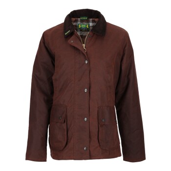 Braune gewachste Baumwolljacke mit Cordkragen und Fronttaschen, kariertes Futter sichtbar im Kragen, Größe M/TC.