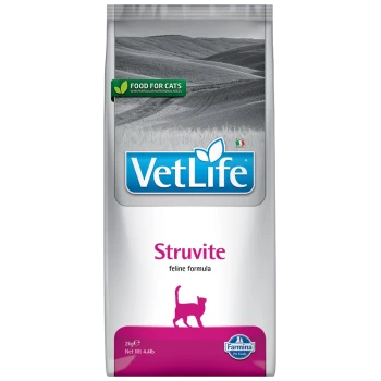 VetLife Struvit Katzenfutter, 2kg Beutel, mit einer Silhouette einer Katze und einem grünen Etikett, das "Futter für Katzen" angibt.