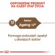 Opakowanie karmy dla starszych kotów, z etykietą 'Ageing 12+', z tekstem mówiącym, że pomaga stymulować apetyt u starszych kotów.