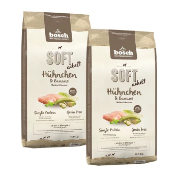 Soft Hühnchen & Banane 2x12,5 kg Zwei 12,5 kg Beutel Bosch Soft Adult Hundefutter, "Hühnchen & Banane," mit Bildern von Huhn und Banane, beschriftet mit "60% Single Protein" und "Getreidefrei."