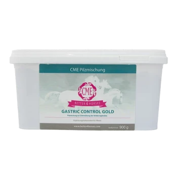 Behälter von 'Gastric Control Gold' für Pferde, 900g, mit einem weißen Behälter mit einem türkisfarbenen und rosa Etikett, das die Verdauungsunterstützung fördert.