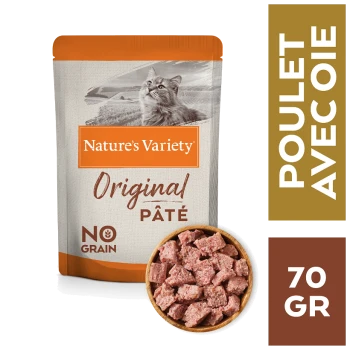 Pâté Nature's Variety Original pour chats, 70g, présentant une image de chat, une étiquette 'No Grain' et le texte 'Poulet Avec Oie'.