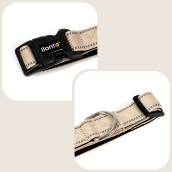 Beige Haustierhalsband mit einer schwarzen Schnalle, die das "lionto"-Logo und einen metallischen D-Ring zur Leinenbefestigung zeigt.