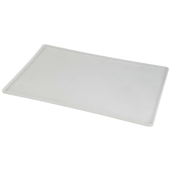 A rectangular, white pet feeding mat with raised edges, designed to catch spills and keep feeding areas clean.