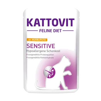 Kattovit Feline Diet Sensitive Katzenfutterbeutel, mit einer Silhouette einer Katze, beschriftet "mit Huhn+Pute" und "Hypoallergene Schonkost."