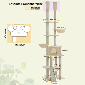 Beiger mehrstufiger Kratzbaum mit Plattformen, Höhle, Kratzpfosten und hängenden Spielzeugen, Größenbereich 216-285 cm (85,1"-112,2").