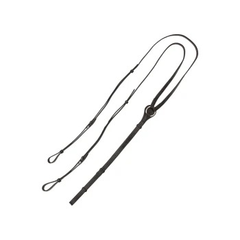 Schwarze Lederleine für Hunde mit verstellbarer Länge und einem Metallring, mit zwei Schlaufen am Ende für eine sichere Befestigung.