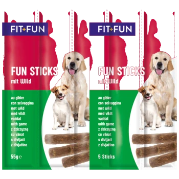 Verpackung für FIT+FUN Fun Sticks mit Wild, mit einem Golden Retriever und einem kleinen Hund, mit Text in mehreren Sprachen.