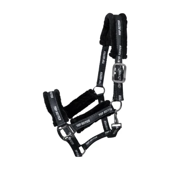 Schwarzes Pferdehalfter mit weicher Polsterung, mit dem Markennamen "TOP REITER" deutlich auf den Riemen angezeigt.