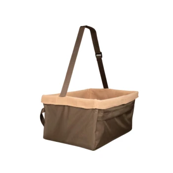 Brauner Haustierträgerkorb mit einer weichen beigen Innenausstattung und einem verstellbaren Riemen für einfaches Tragen.