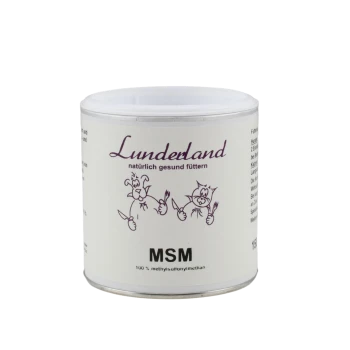 Behälter von Lunderland MSM (100 % Methylsulfonylmethan) für Haustiere, mit verspielten Illustrationen von Hunden und Katzen und deutschem Text.
